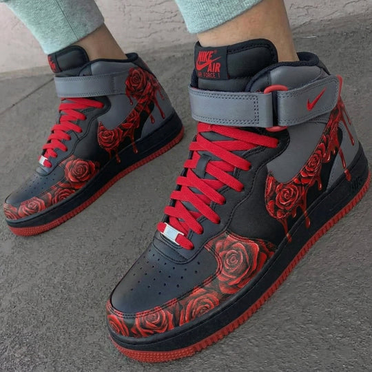 Custom Air Force 1 Black Gray Red Roses and Drips