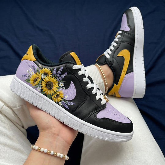Custom Air Force 1 Black Lavender Sunflower Design