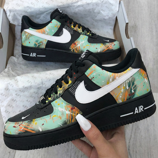 Custom Air Force 1 Black Mint Green Abstract Art