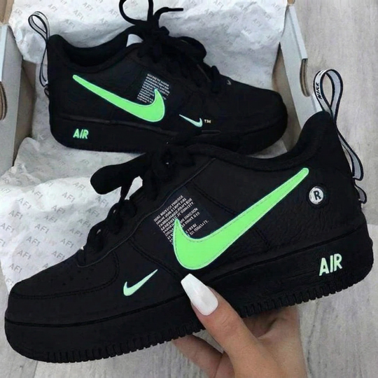 Custom Air Force 1 Black Neon - Green Swoosh Design