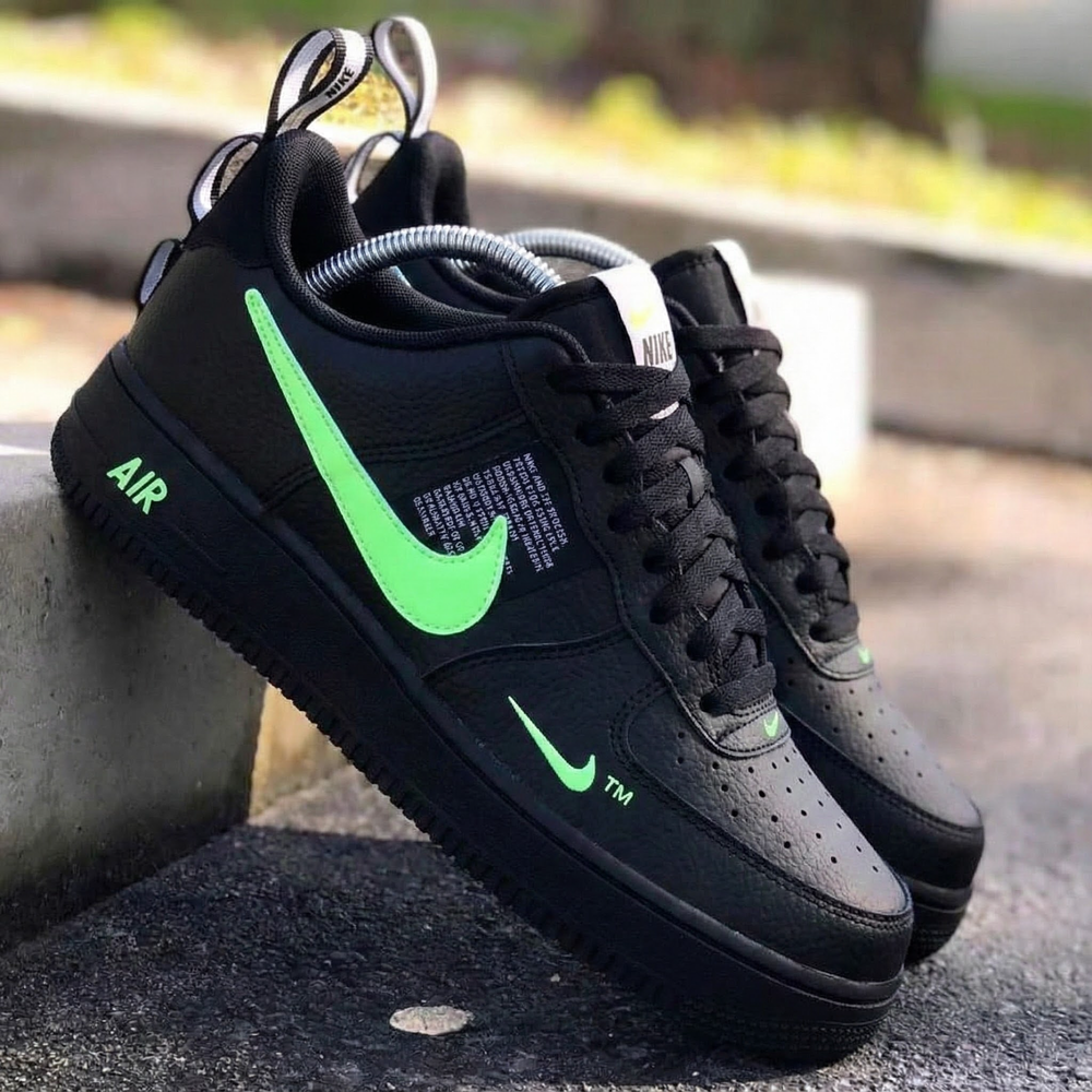 Custom Air Force 1 Black Neon - Green Swoosh Design