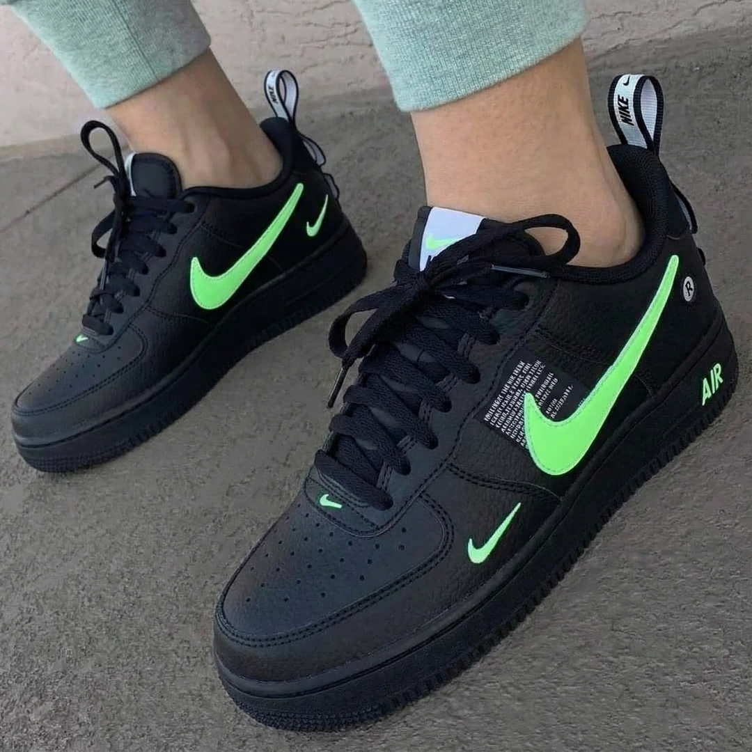 Custom Air Force 1 Black Neon - Green Swoosh Design