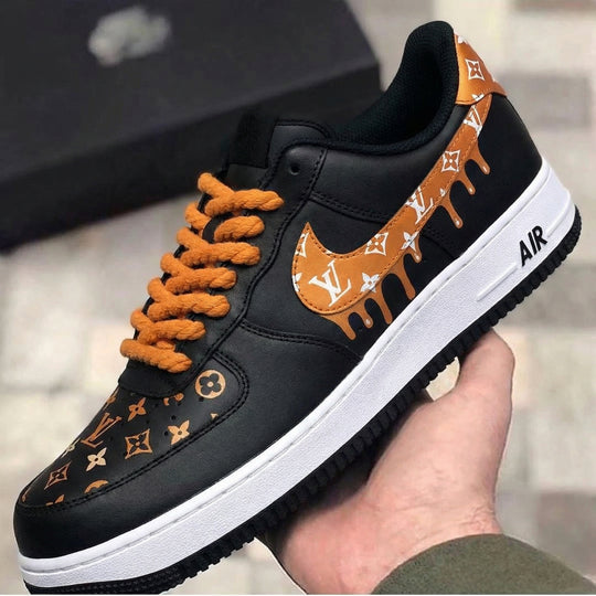 Custom Air Force 1 Black Orange LV Logo Dripping Design