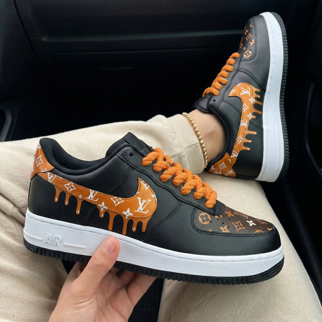 Custom Air Force 1 Black Orange LV Logo Dripping Design