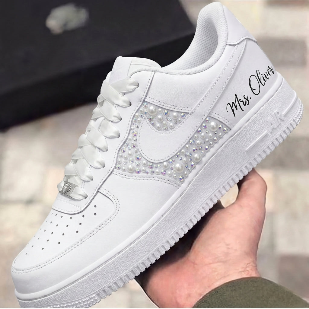 Custom Air Force 1 Black Pearls Rhinestones Personalized Weeding Shoes