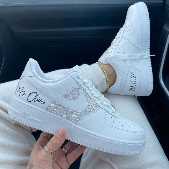 Custom Air Force 1 Black Pearls Rhinestones Personalized Weeding Shoes