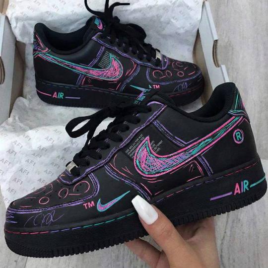 Custom Air Force 1 Black Pink Teal Graffiti