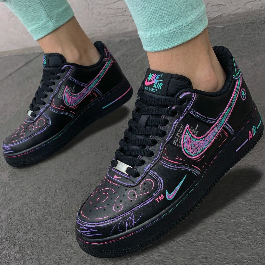 Custom Air Force 1 Black Pink Teal Graffiti