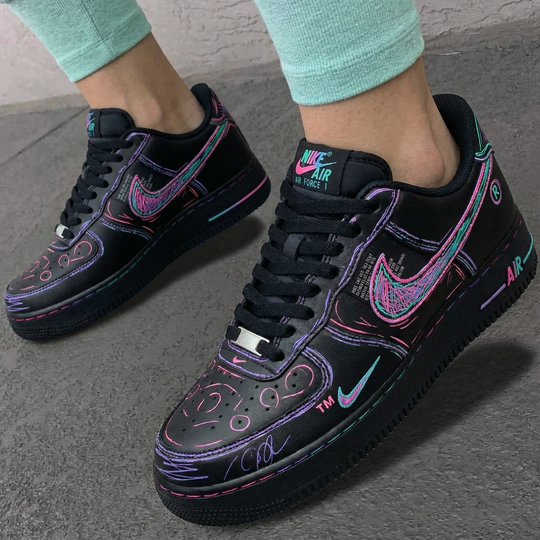Custom Air Force 1 Black Pink Teal Graffiti