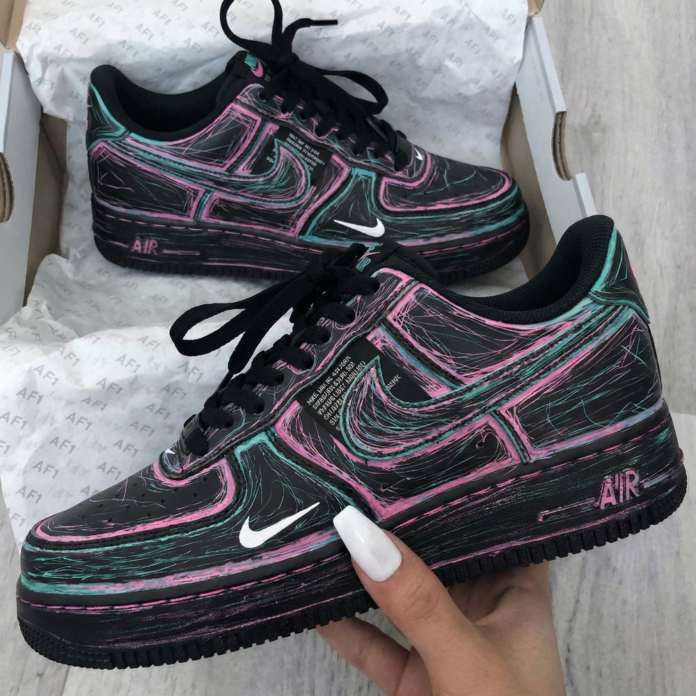 Custom Air Force 1 Black Pink Teal Swirl Pattern