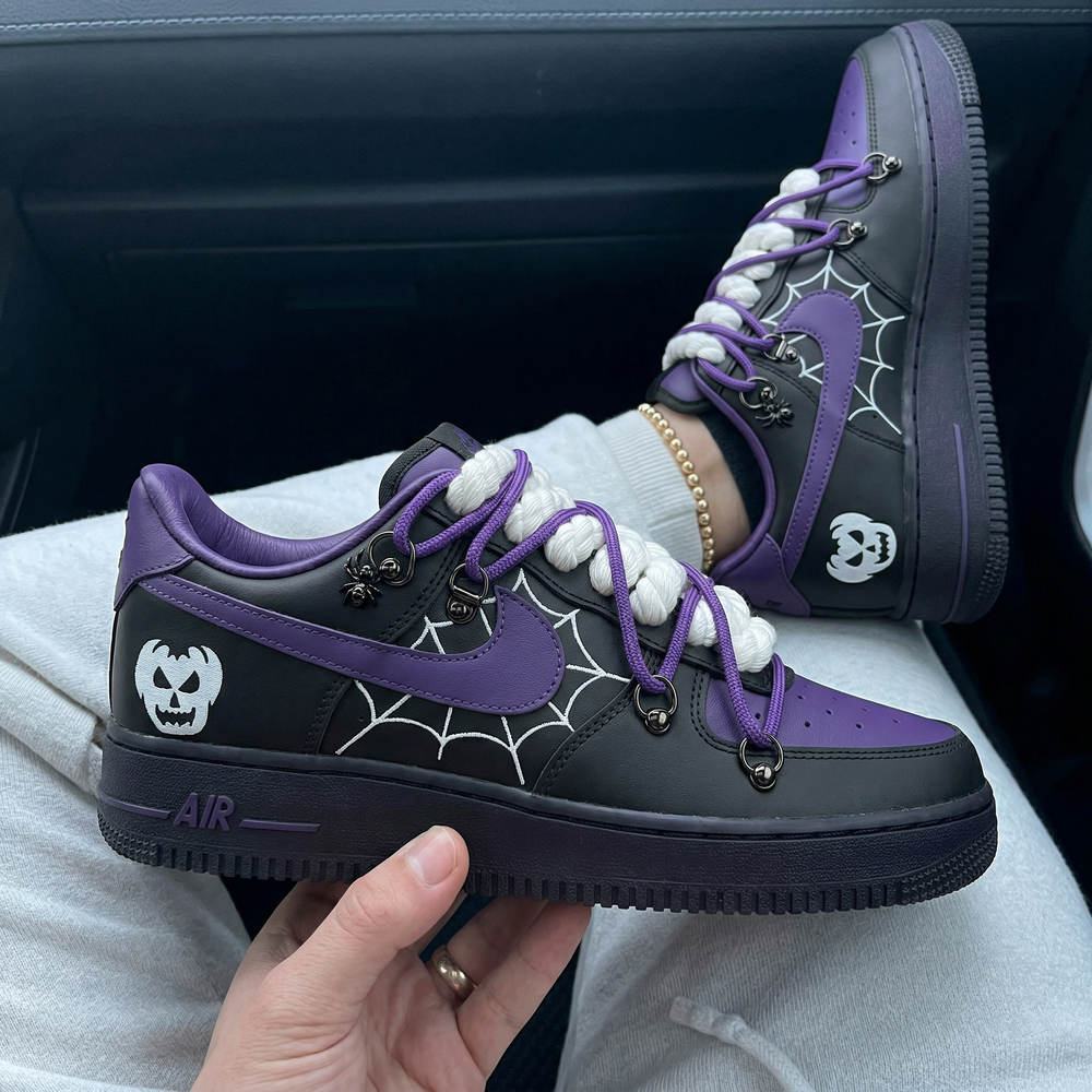 Custom Air Force 1 Black Purple Spider Web Skull Spiders