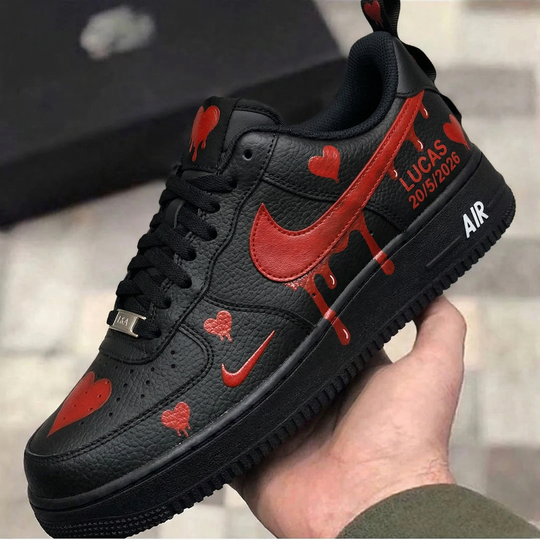 Custom Air Force 1 Black Red Dripping Swoosh Red Hearts