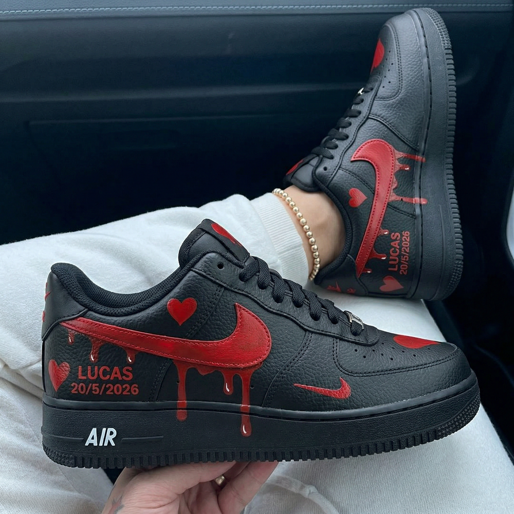 Custom Air Force 1 Black Red Dripping Swoosh Red Hearts