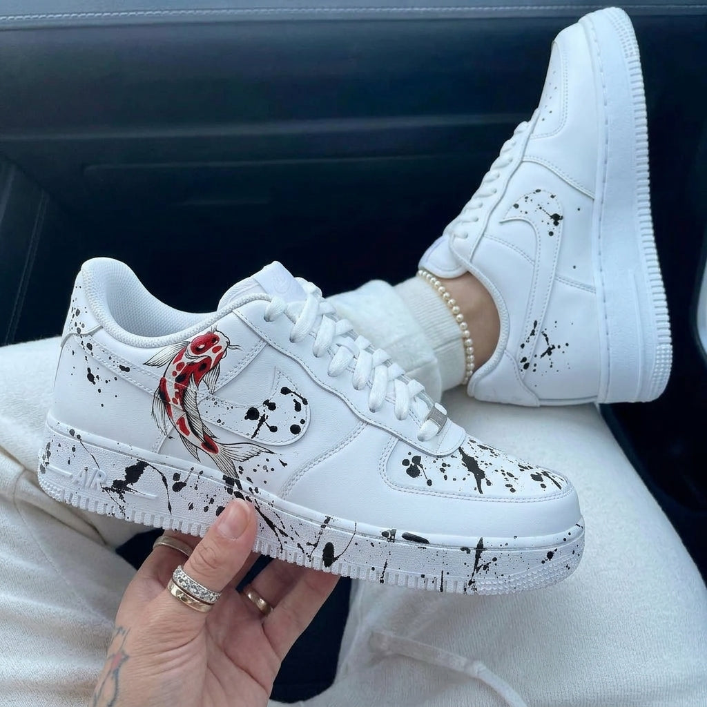 Custom Air Force 1 Black Red Koi Fish Splash Ink