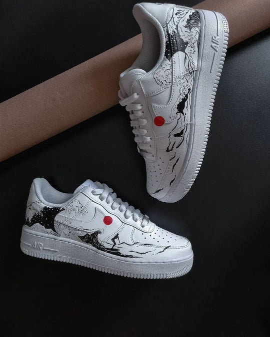 Custom Air Force 1 Black Red Wave and Surfer Design