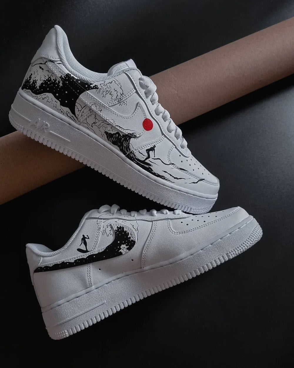 Custom Air Force 1 Black Red Wave and Surfer Design