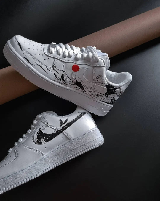 Custom Air Force 1 Black Red Wave and Surfer Design
