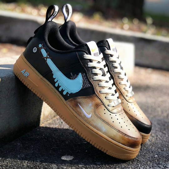 Custom Air Force 1 Black Tan with Teal Melted Swoosh Design