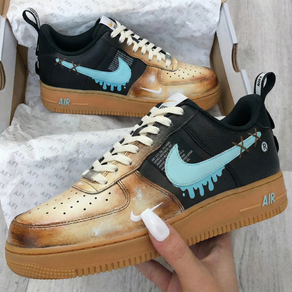Custom Air Force 1 Black Tan with Teal Melted Swoosh Design
