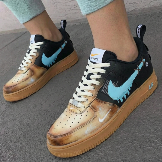 Custom Air Force 1 Black Tan with Teal Melted Swoosh Design