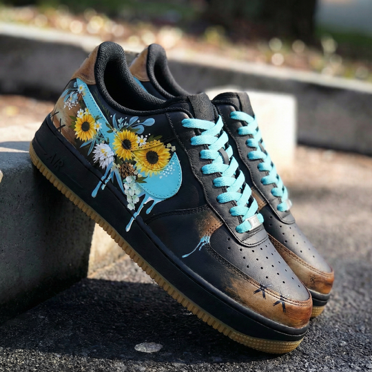 Custom Air Force 1 Black Turquoise Sunflower Design