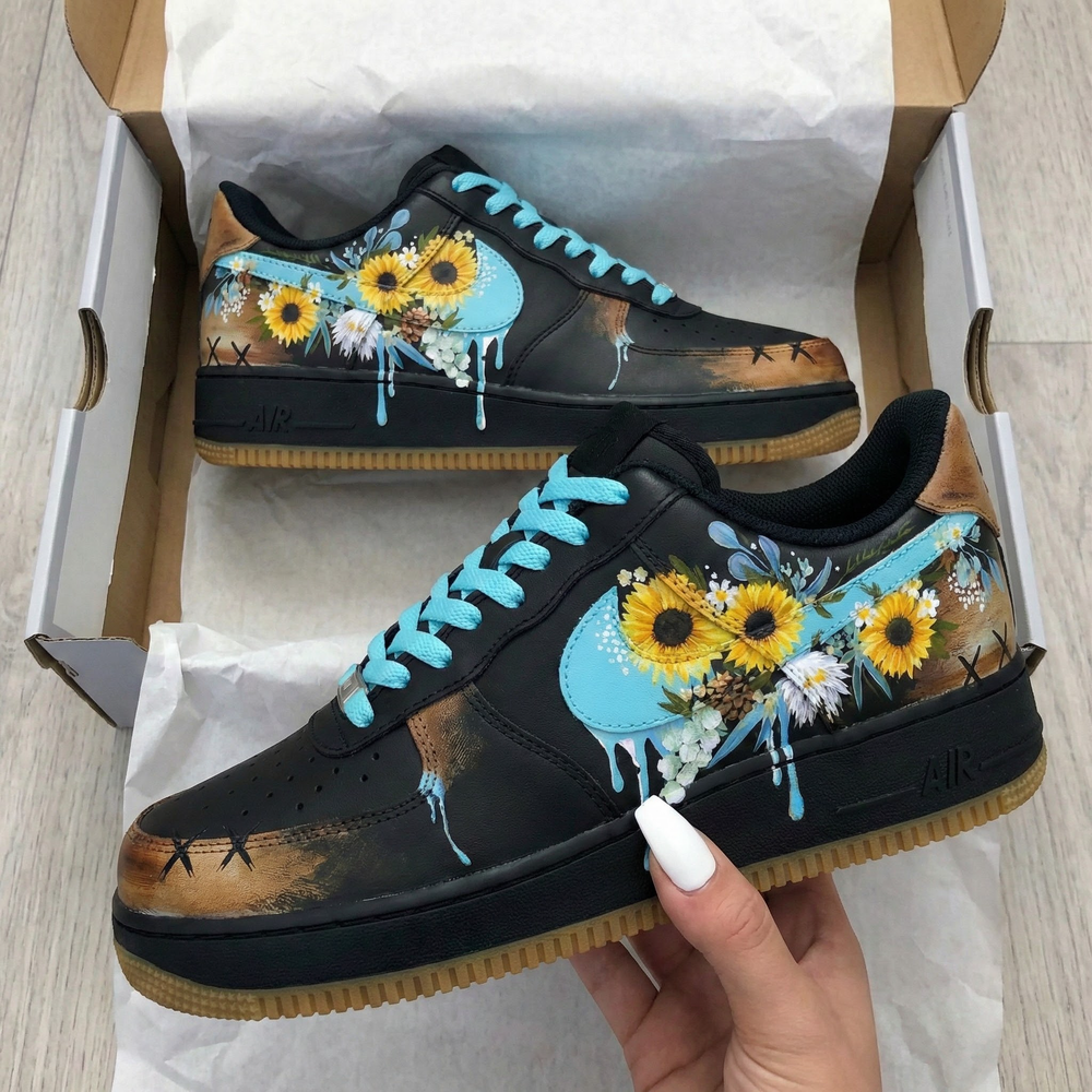 Custom Air Force 1 Black Turquoise Sunflower Design