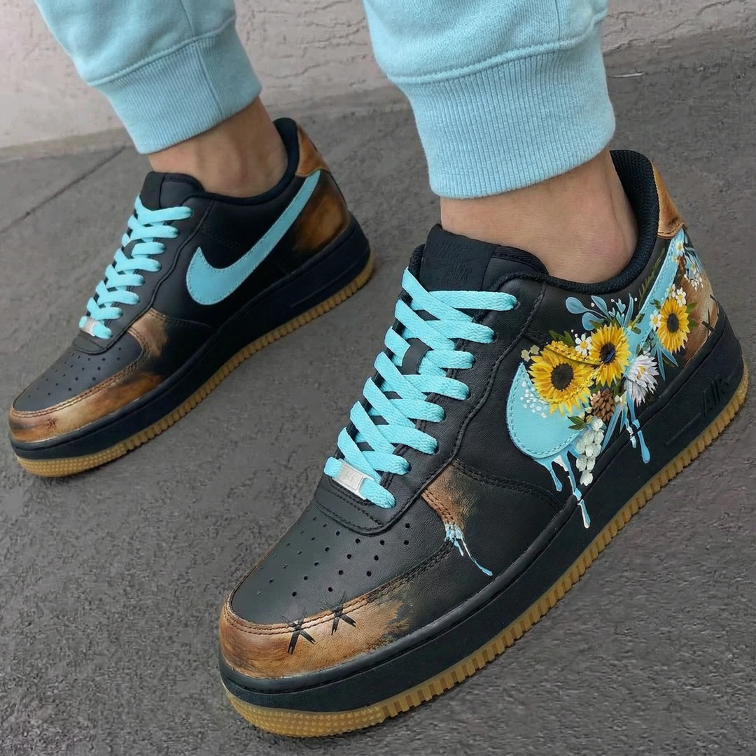 Custom Air Force 1 Black Turquoise Sunflower Design