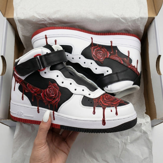 Custom Air Force 1 Black White with Red Roses and Drips