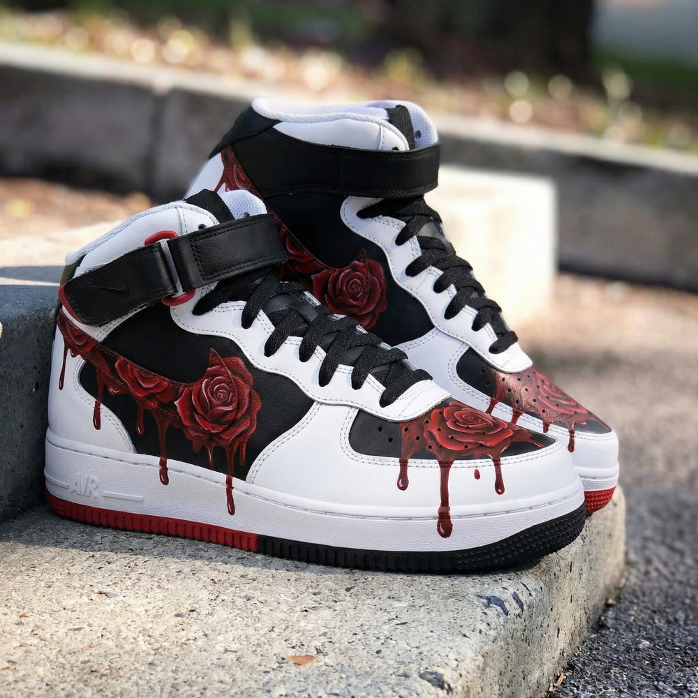 Custom Air Force 1 Black White with Red Roses and Drips