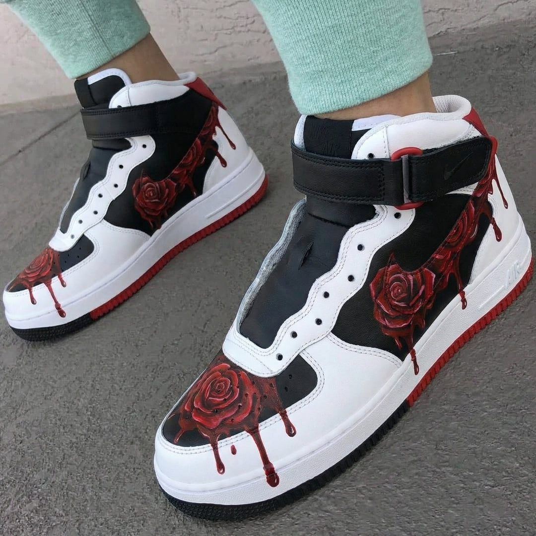 Custom Air Force 1 Black White with Red Roses and Drips