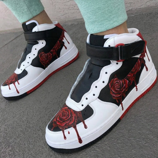 Custom Air Force 1 Black White with Red Roses and Drips