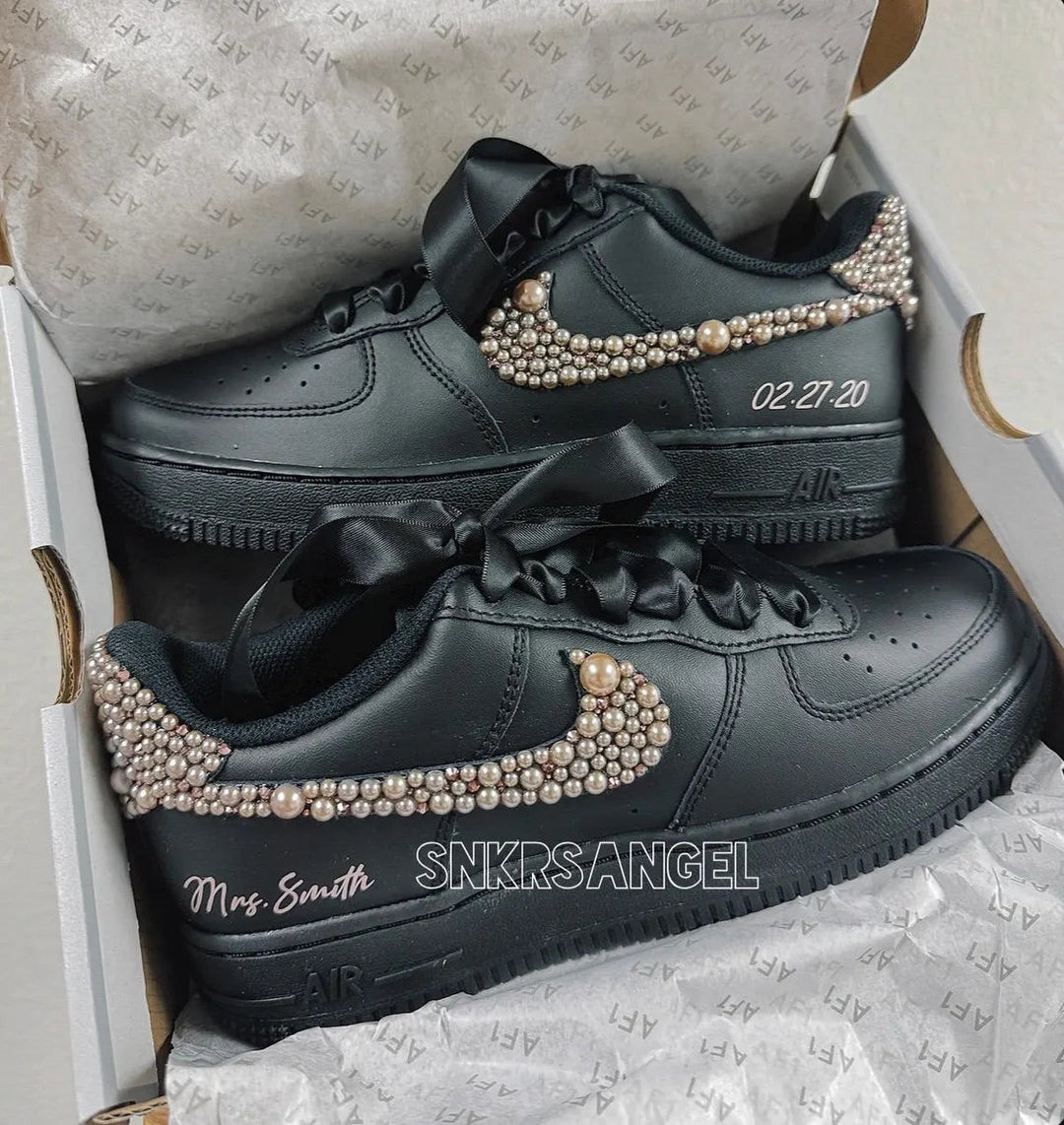 Custom Air Force 1 Black With Pearl Embellishments