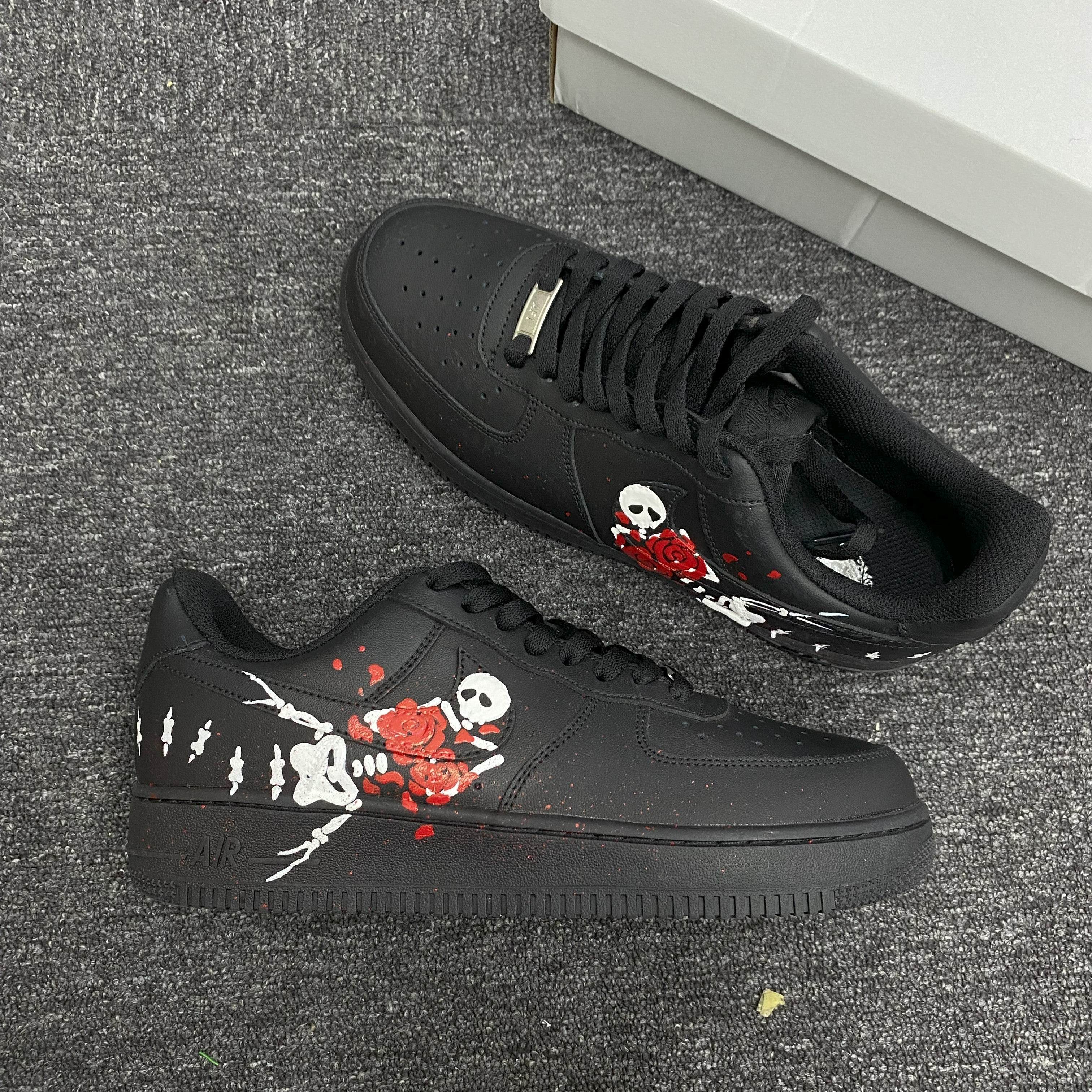 Custom Air Force 1 Black With Skull And Rose Design 