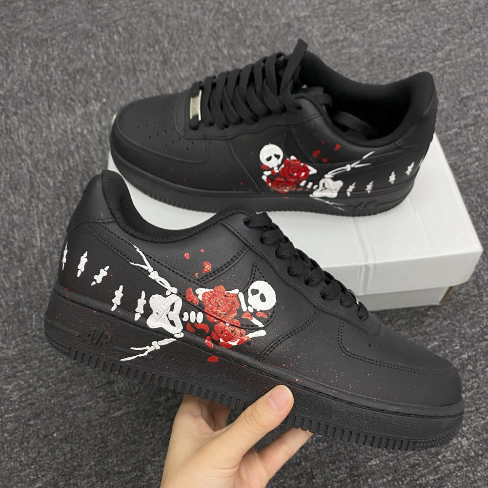 Custom Air Force 1 Black With Skull And Rose Design 