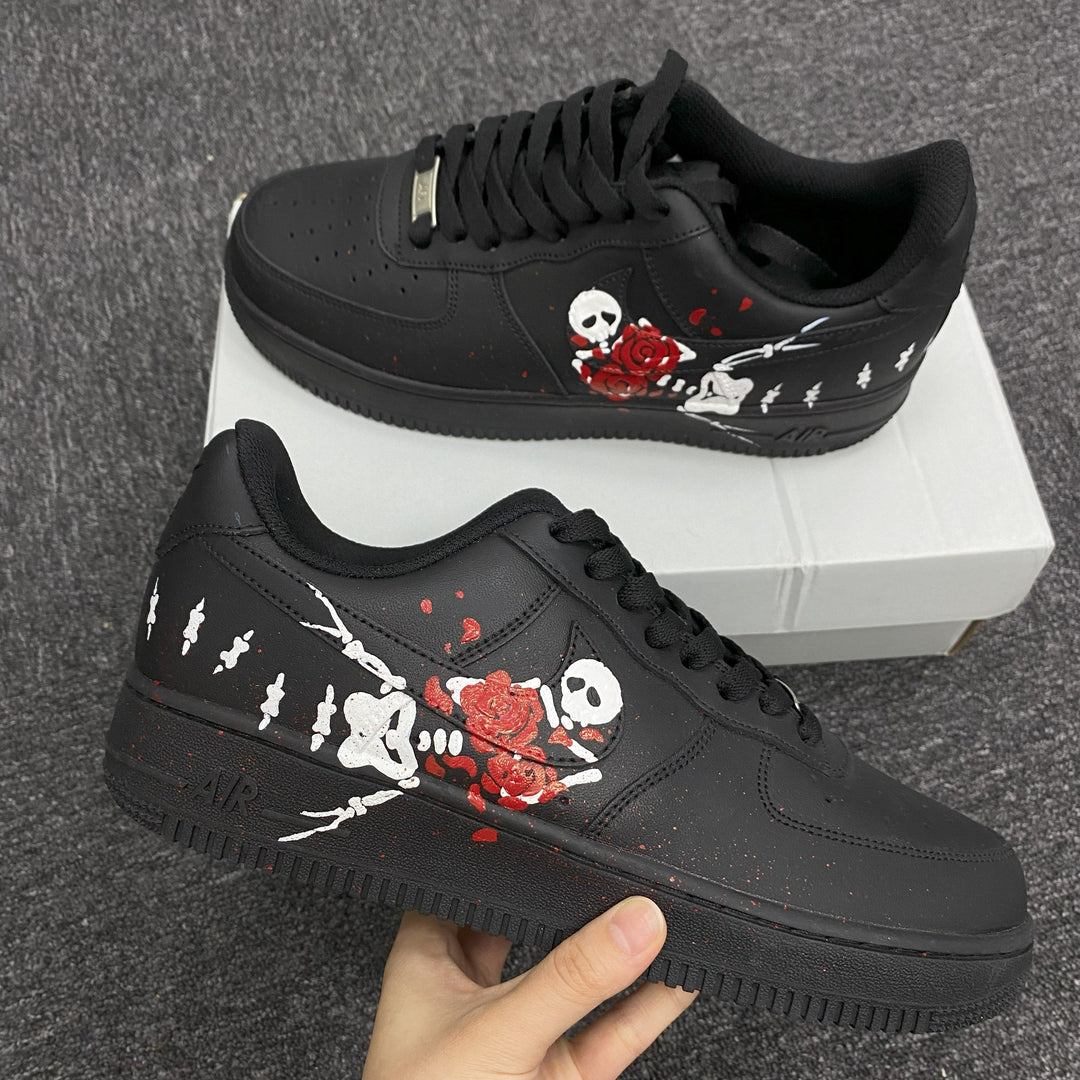 Custom Air Force 1 Black With Skull And Rose Design 