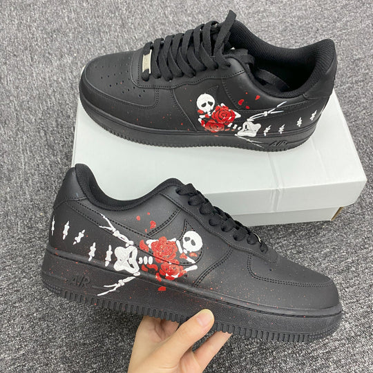 Custom Air Force 1 Black With Skull And Rose Design 