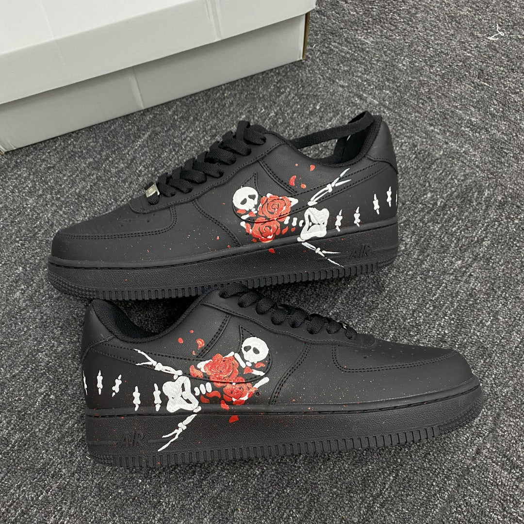 Custom Air Force 1 Black With Skull And Rose Design 