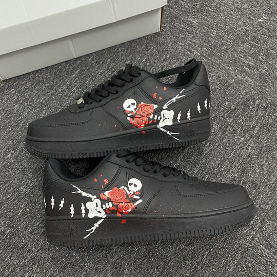 Custom Air Force 1 Black With Skull And Rose Design 