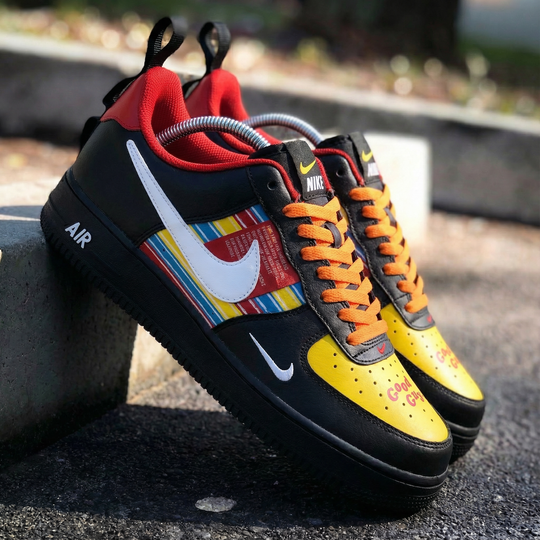 Custom Air Force 1 Black Yellow Striped Pattern with Good Guys Text