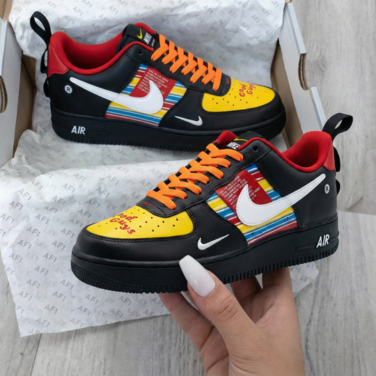 Custom Air Force 1 Black Yellow Striped Pattern with Good Guys Text