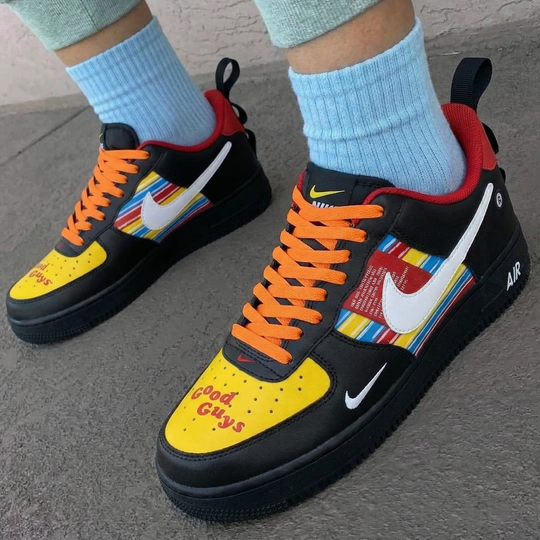 Custom Air Force 1 Black Yellow Striped Pattern with Good Guys Text