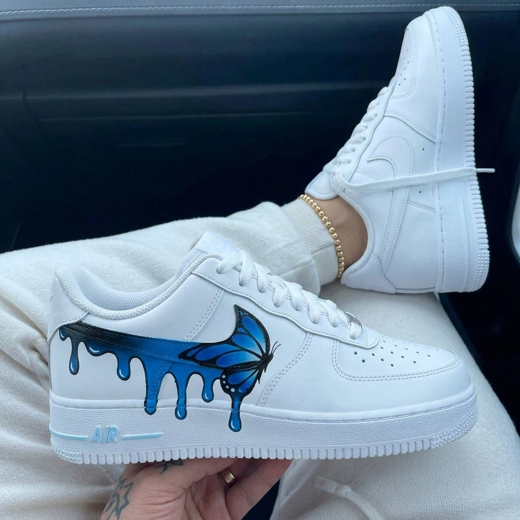 Custom Air Force 1 Blue Black Butterflies Drip