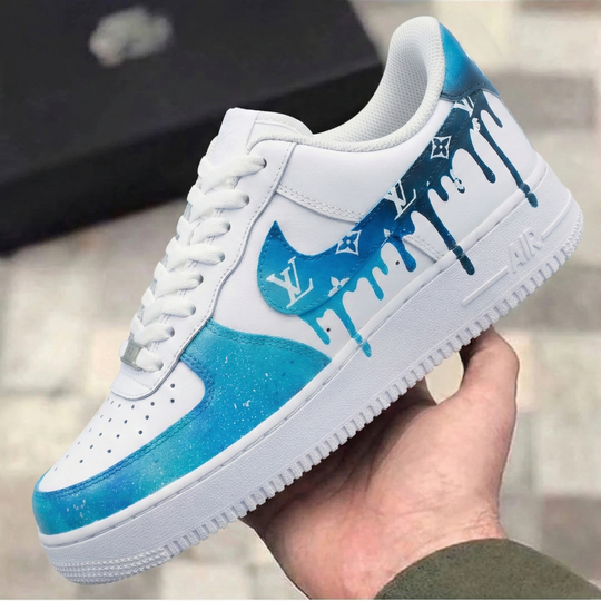 Custom Air Force 1 Blue Drip LV Logo Splatter
