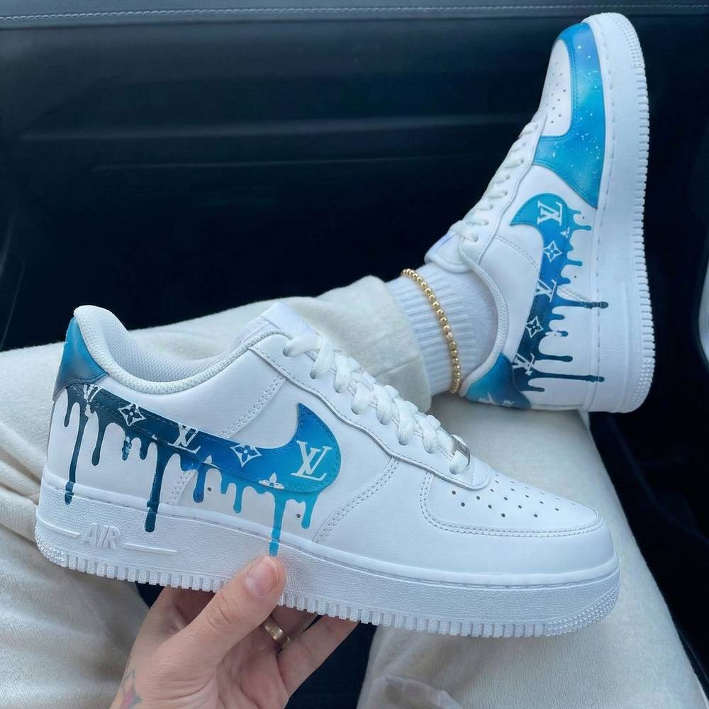 Custom Air Force 1 Blue Drip LV Logo Splatter