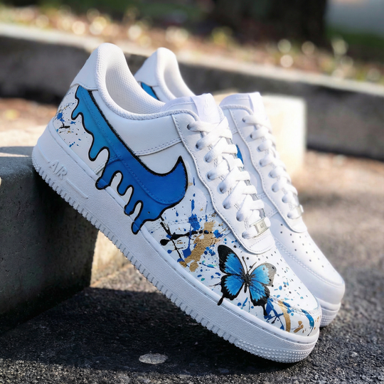Custom Air Force 1 Blue Gold Butterfly and Drip Design