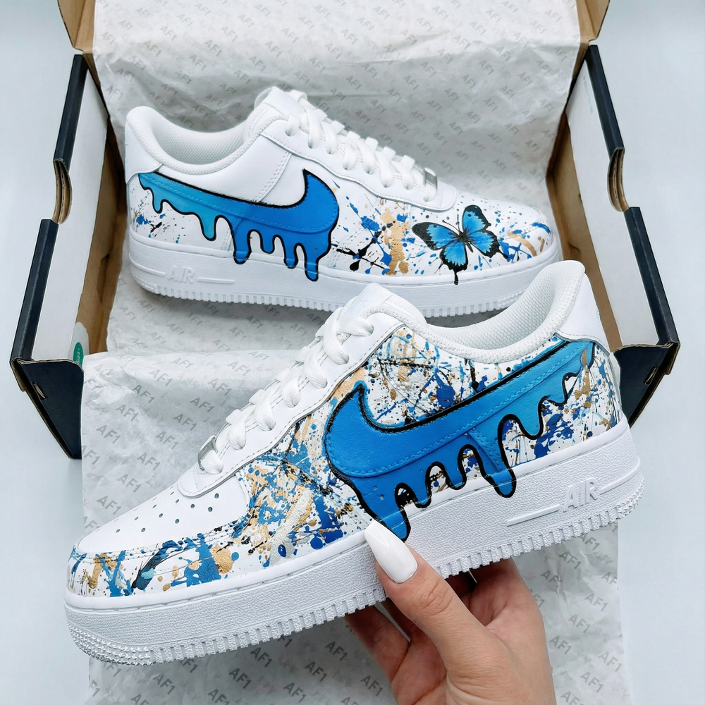 Custom Air Force 1 Blue Gold Butterfly and Drip Design