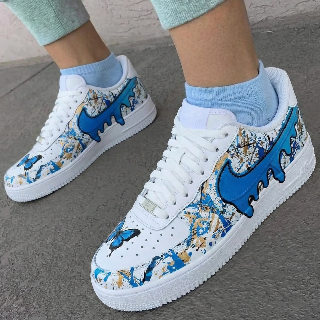 Custom Air Force 1 Blue Gold Butterfly and Drip Design