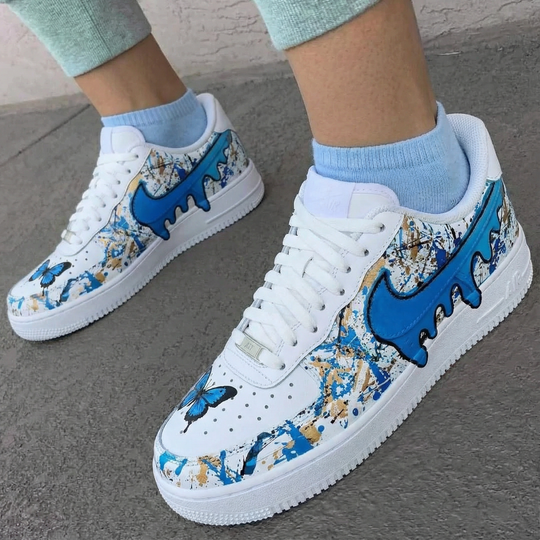 Custom Air Force 1 Blue Gold Butterfly and Drip Design