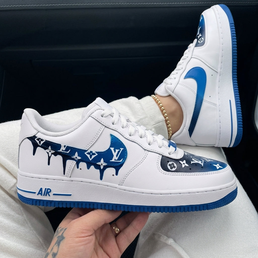 Custom Air Force 1 Blue LV Drip Print