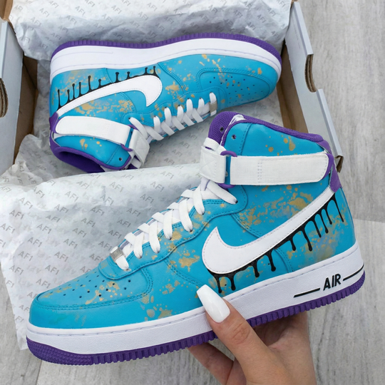 Custom Air Force 1 Blue Purple Drip and Gold Splatter Design